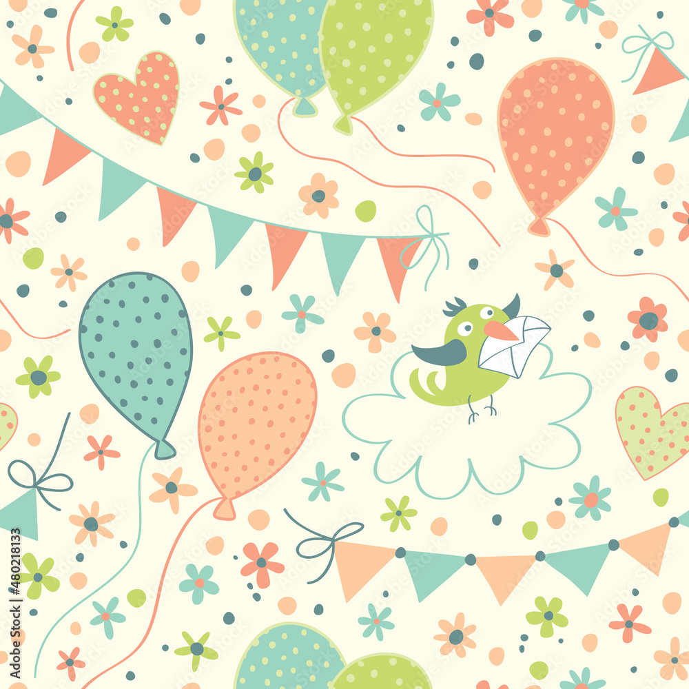 Happy Birthday. Seamless pattern with cute birds, balloons, garlands and confetti.