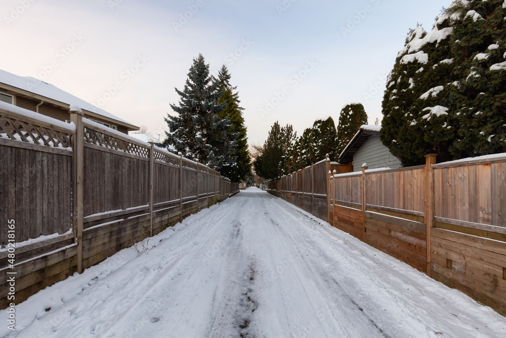 Alley with Snow in a residential neighborhood in the city suburbs. Surrey, Greater Vancouver, British Columbia, Canada. Colorful Winter Sunrise After Snowfall