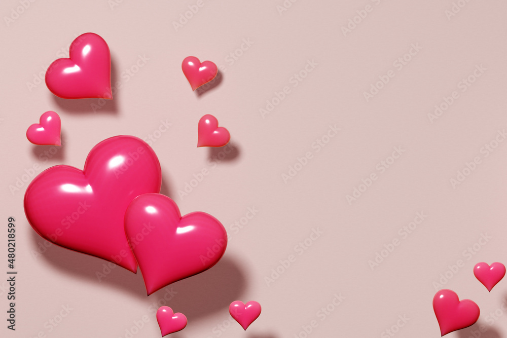 Valentine's Day. Pink hearts on a colored background with space for text and copy space. 3D rendering