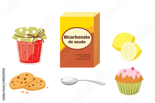 French box of baking soda - bicarbonate de soude  for cooking with cupcake, cookies, jam and lemons isolated on white background vector illustration set 