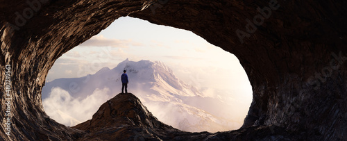 Dramatic Adventurous Scene with Man standing inside a Rocky Cave Landcspae. 3d Rendering. Sunset Sky. Aerial Mountain Image from British Columbia, Canada. Adventure Concept