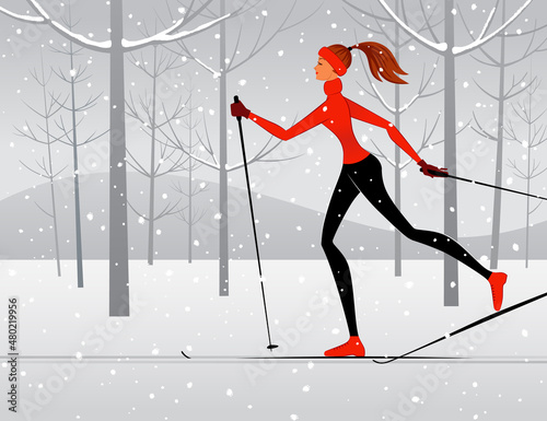 Foto Woman Girl skiing in the snow park