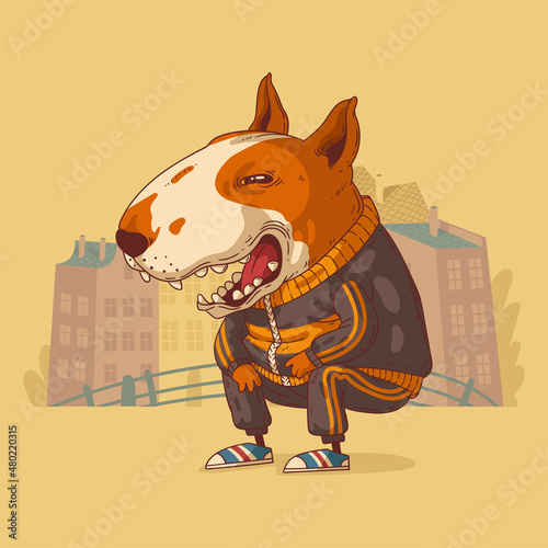 Funny laughing bull terrier. Vector illustration. Laughing anthropomorphic dog, wearing a sport suit, sitting on his haunches against buildings' silhouettes. Animal character with human body. Furry.