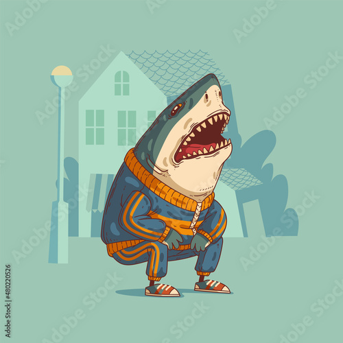 Funny laughing shark. Vector illustration. Laughing anthropomorphic shark, wearing a sport suit, sitting on his haunches against buildings' silhouettes. Animal character with human body. Furry.