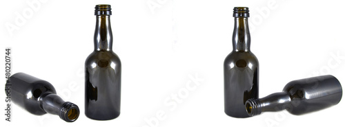 Wine bottle on a white background close-up. Glass, vessel, neck, wallpaper, background, texture, alcoholism