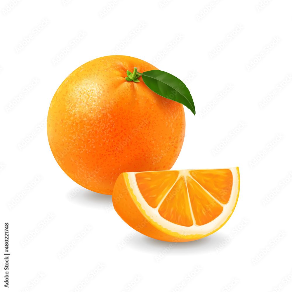 Orange fruit whole and slice with Green Leaf. Vector realistic 3d citrus  fruit illustration Stock Vector