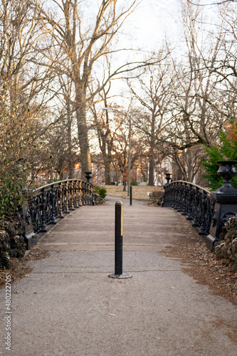 A bridge in a park at sunset