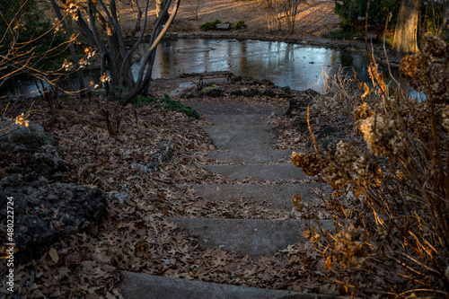 A stairway leading down to an icy pond