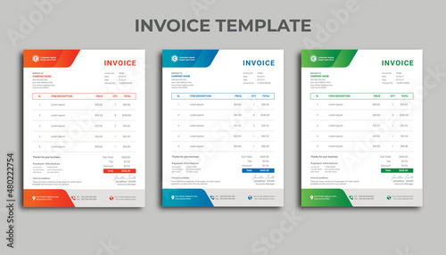 Invoice minimal design for corporate business.Clean invoice template in 3 different colors.
Print-ready business price invoices and payment agreement vector bill stationery design templates.
