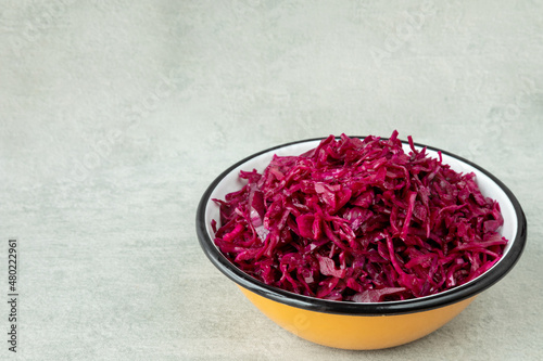 Fermented red cabbage salad. Healthy preserved vegetable food. photo