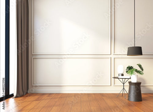 Luxury empty room with side table and hanging lamp  wall cornice and wood floor. 3d rendering