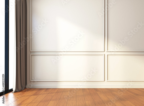 Empty room with wall cornice and wood floor. 3d rendering