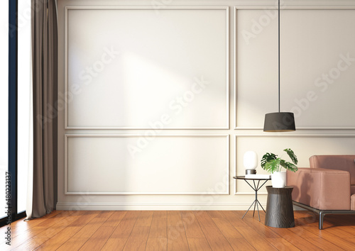 Fototapeta Naklejka Na Ścianę i Meble -  Luxury empty room with side table and hanging lamp, wall cornice and wood floor. 3d rendering