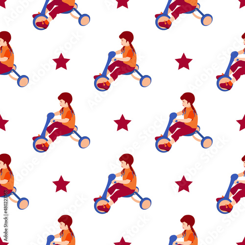 Girl  tricycle. Background  template  seamless.