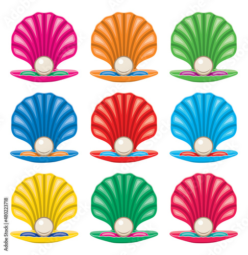 vector colorful set of pearl in a shell icons
