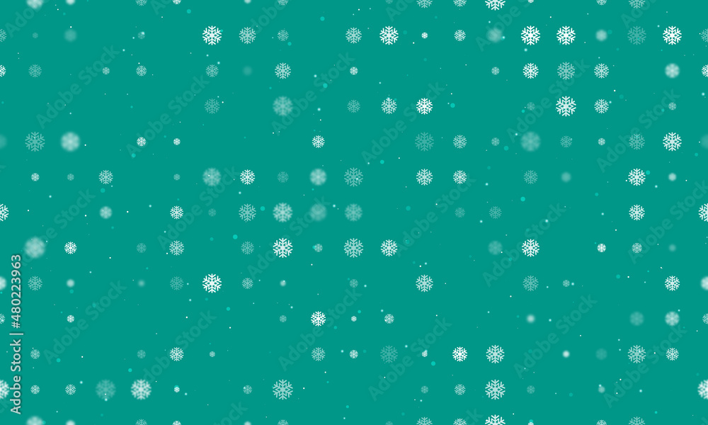 Seamless background pattern of evenly spaced white snowflake symbols of different sizes and opacity. Vector illustration on teal background with stars