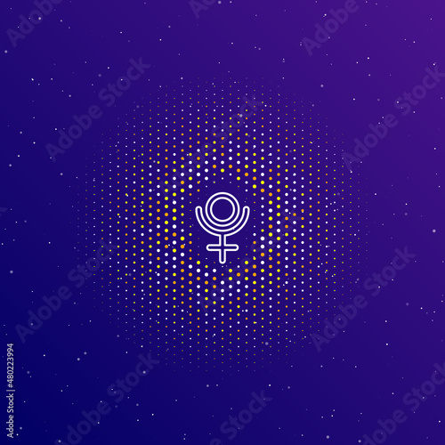 A large white contour astrological pluto symbol in the center, surrounded by small dots. Vector illustration on dark blue gradient background with stars