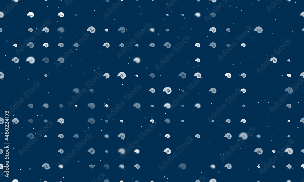 Seamless background pattern of evenly spaced white marine nautilus symbols of different sizes and opacity. Vector illustration on dark blue background with stars