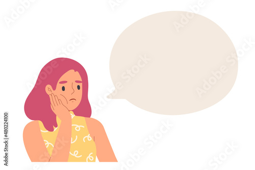 Young woman raise her hand holding cheek with blank speech bubble. Template for information, space for message. Curious face expression character. Flat vector illustration.