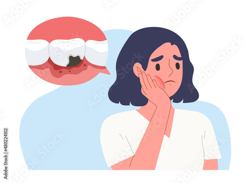 Young woman holding her cheek with hand palm. Suffering from toothache. Decayed tooth cause of oral disease. Concept of oral health, dental problem . Flat vector illustration character.