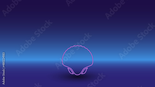 Neon sea shell symbol on a gradient blue background. The isolated symbol is located in the bottom center. Gradient blue with light blue skyline