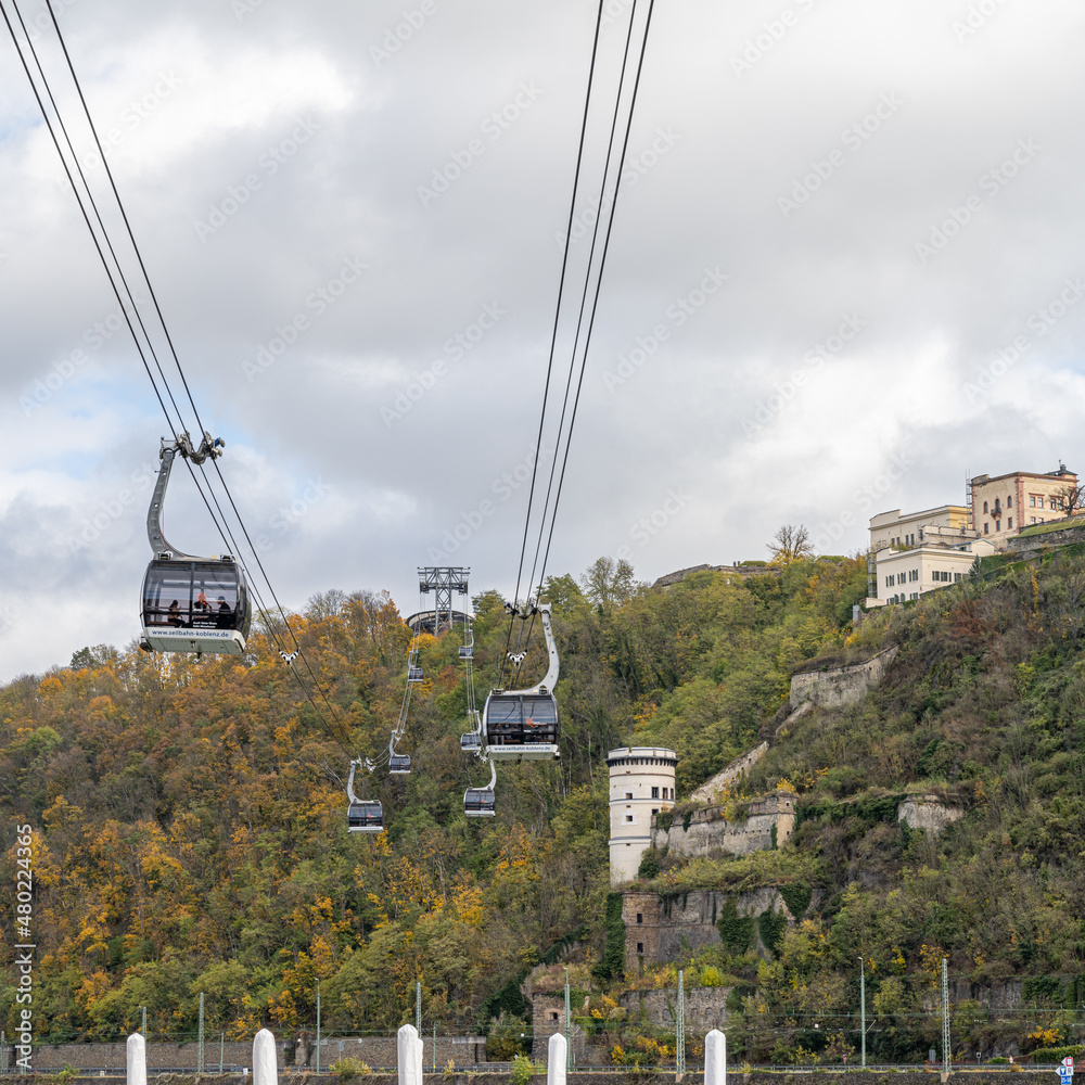 The cable car to the Ehrenbreitstein castle. This castle is located just where river Rhein and Mosel meet in Koblenz, Rhineland-Palatinate, Germany