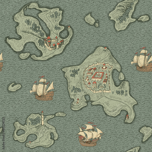 Decorative seamless pattern with hand-drawn islands and old sailing ships on a water. Vector illustration in retro style. Pirate cartoon background. Suitable for wallpaper, wrapping paper, fabric