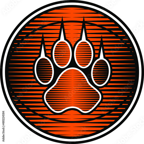 stylized paw print logo inside basketball for team sports, school, college or league
