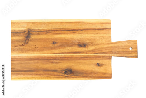 Wooden cutting board with handle isolated on white background