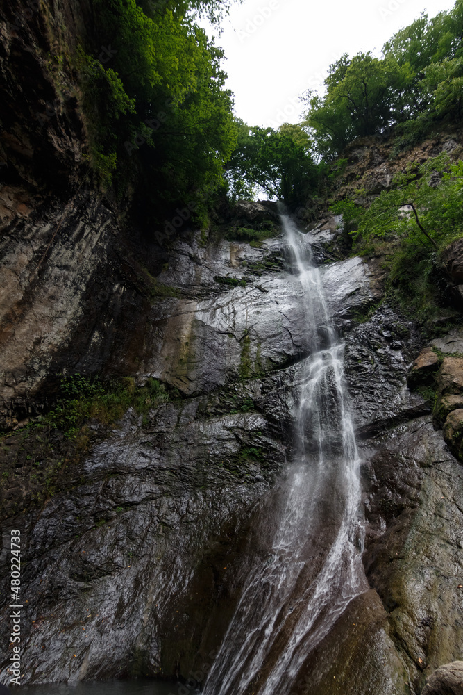 Waterfall in the woods. Fresh streams of waterfall on a rock surrounded by trees. Tropical forest. Waterfall in the woods. Fresh streams of waterfall on a rock surrounded by trees. Tropical forest.
