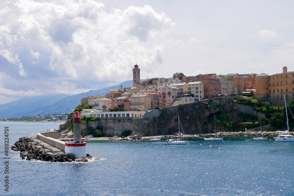 Panoramic view of old harbor and old town of Bastia. Corsica, France.