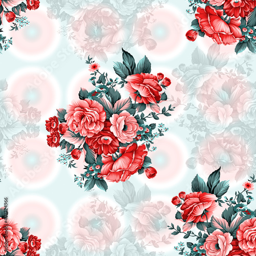 Seamless textile flower design with gradient circle abstract ground © Vinayaka7