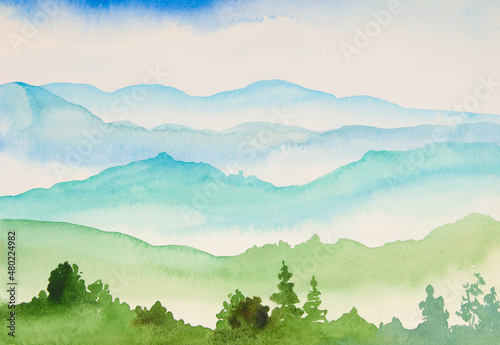 Mountain landscape in blue and green colors made in watercolor on paper. © Евгений Лютиков
