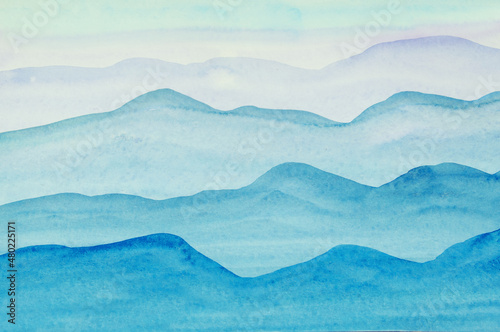  Watercolor drawing in blue tones, reminiscent of a mountain landscape.