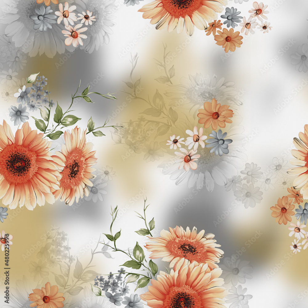 Floral textile flower with abstract ground seamless pattern