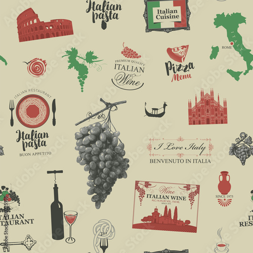 Travel seamless pattern on the theme of Italy and Italian cuisine in retro style on a beige backdrop. Repeating vector background. Suitable for wallpaper, wrapping paper or fabric design