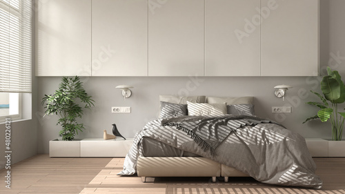 Modern white minimalist bedroom with parquet, big window, house plants, soft duvet and pillows. Eco green concept, interior design