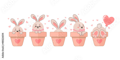 Vector set of illustrations with cute rabbits sitting in flower pots. Cute holiday template for invitations, postcards, children's prints, stickers, flyers, banners, posters