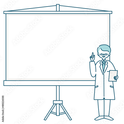 白衣を着た男性がスクリーンの前で指を刺しているイラスト
