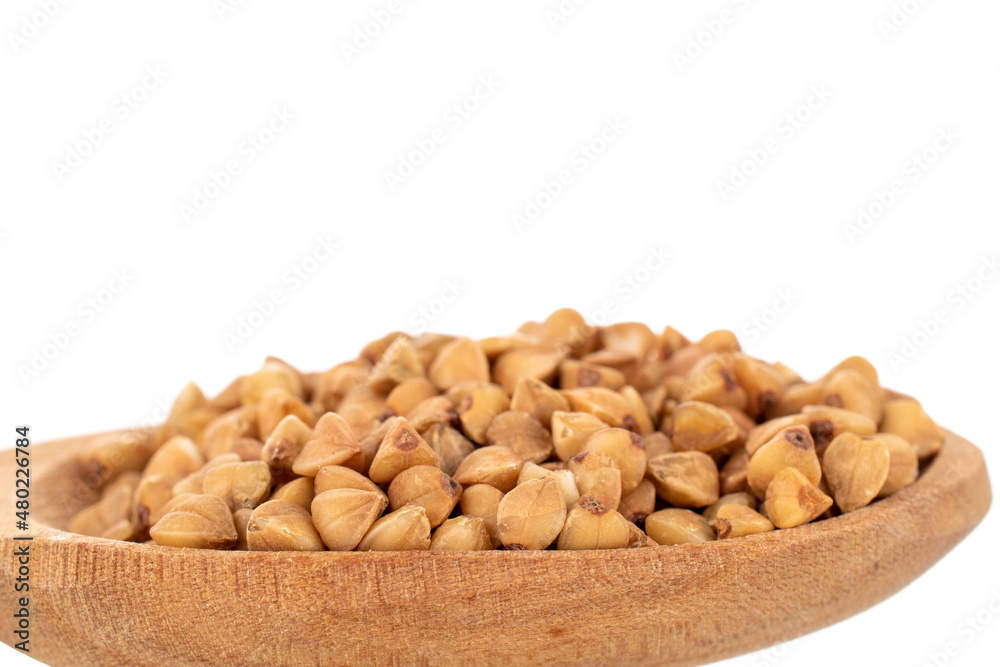 Uncooked organic buckwheat groats in a wooden spoon, close-up, isolated on white. Uncooked organic buckwheat groats in a wooden spoon, close-up, isolated on white.