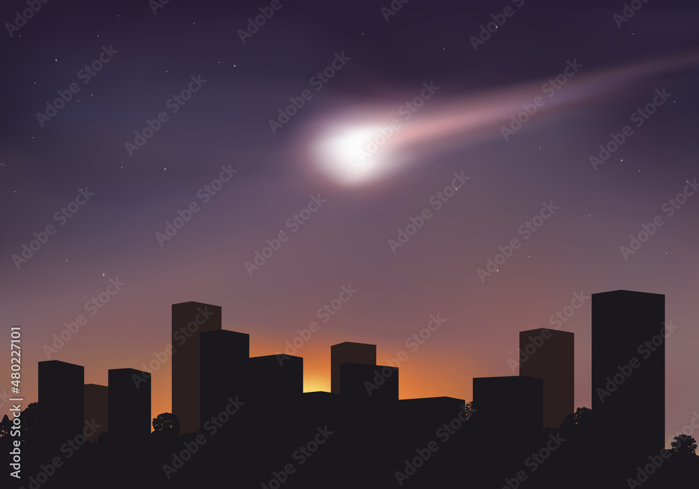 Fototapeta premium Concept d’une catastrophe planétaire, avec une météorite qui tombe sur la terre en provoquant l’apocalypse et l’extinction des espèces.