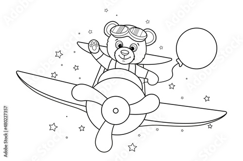 Coloring page happy Teddy Bear flying on an airplane