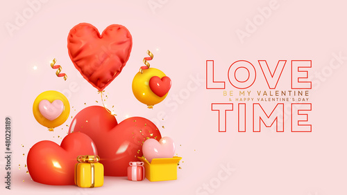 Happy Valentine's Day. Holiday wedding. happy birthday. Festive background with realistic heart shaped balloons red and yellow colors, open gift box. Romantic banner, web poster. Vector illustration