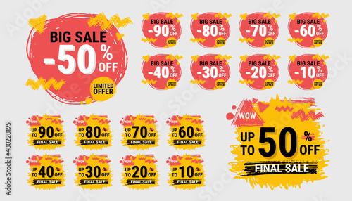 Final sale yellow, red tag. concept of price list for discounts, of advertising campaign, advertising marketing sales, 10, 20, 30, 40, 50, 60, 70, 80, 90 off discount, unique offer. Vector