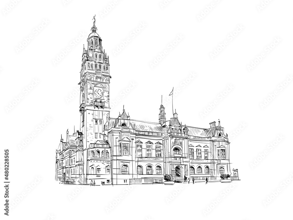 Obraz premium Sheffield Town hall. England. United Kingdom. Europe. Hand drawn sketch. Vector illustration.