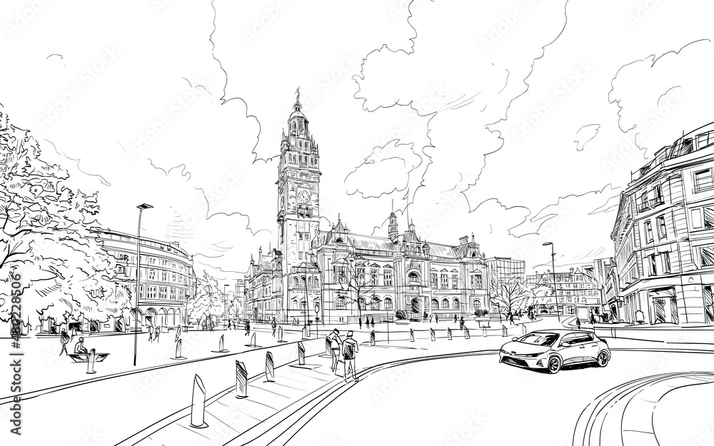 Sheffield Town hall. England. United Kingdom. Europe. Hand drawn sketch. Vector illustration.