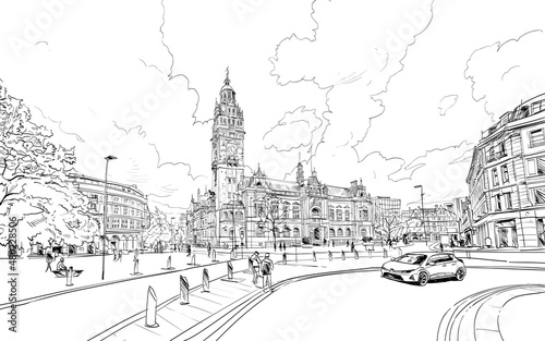 Sheffield Town hall. England. United Kingdom. Europe. Hand drawn sketch. Vector illustration.