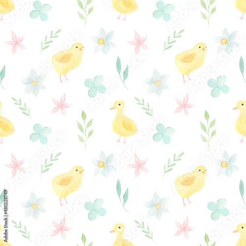 Easter watercolor seamless pattern on white background. Cute rabbit, flowers, butterflies background perfect for kids textile, covers, fabric. 