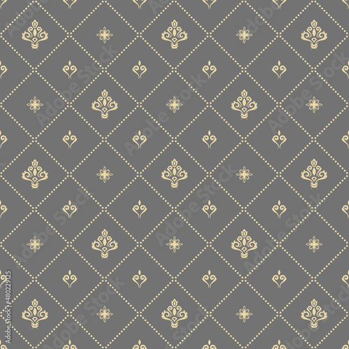 Seamless vector pattern. Modern geometric ornament with yellow royal lilies. Classic vintage background