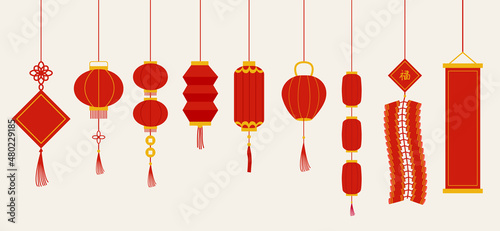 Set of isolated red Chinese New Year hanging lanterns photo